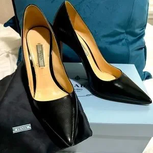 【Yuna】PRADA Leather Heels Prada Women's High Heels Shoes Platform Black Leather 36.5